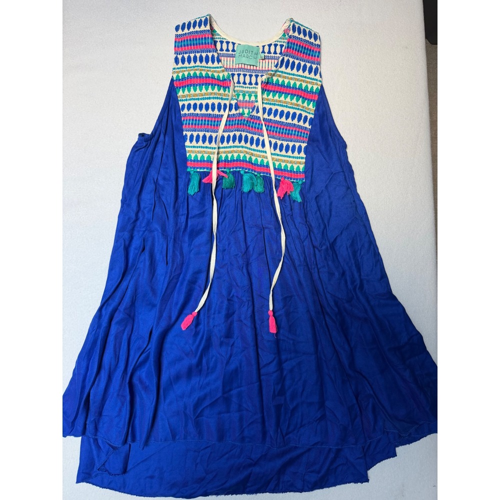 Judith March Womens Blue Boho Embroidered Tassel Bib Mini Dress 1033D-3 Large